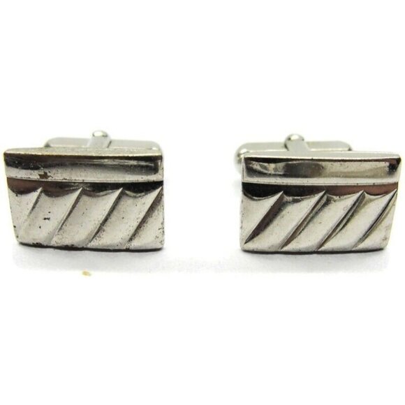 Rectangle Cufflinks Silver Tone Diagonal Patterned Tux Shirt Dress Suit Vintage - Picture 1 of 7
